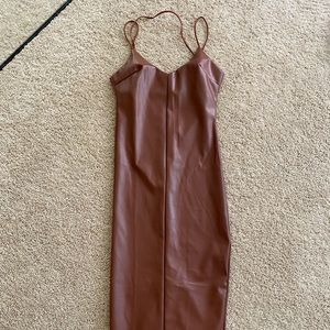 Faux Brown Leather Women Midi Dress